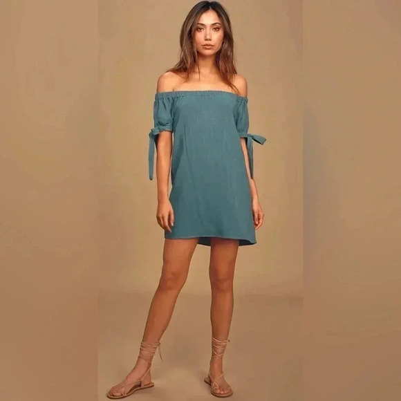 Lulus Dresses & Skirts - LuLu’s Al Fresco Evenings Slate Blue Off The Shoulder Mini Dress Size S EUC!!